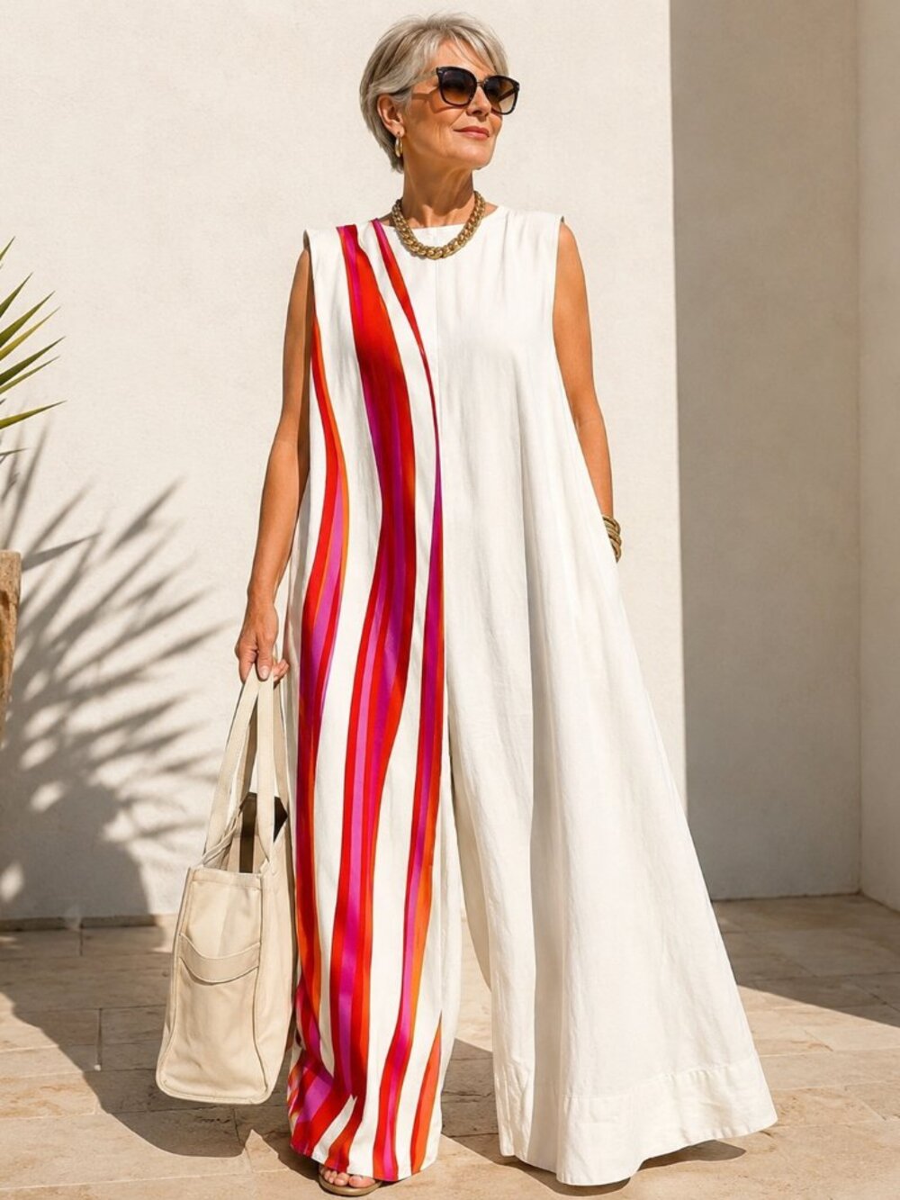 Uoozee Sleeveless Pink Red Stripe Zip Back Wide Leg Jumpsuit Resort Sz M